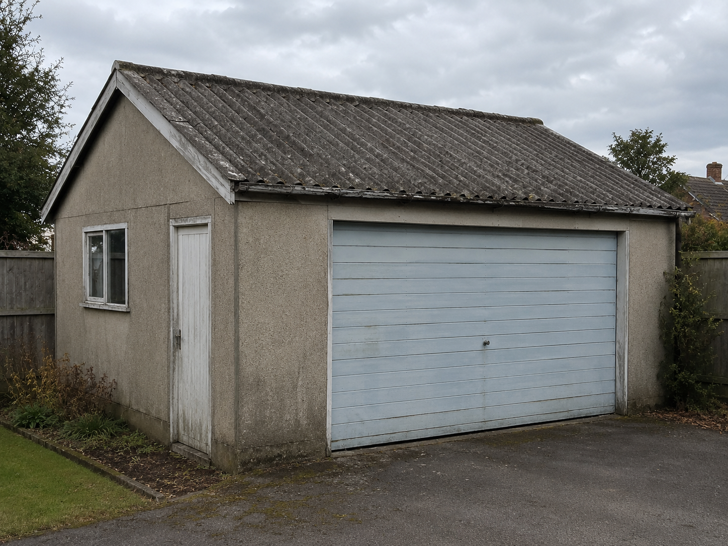A tired garage with a worn asbestos roof, before re-roofing and cladding